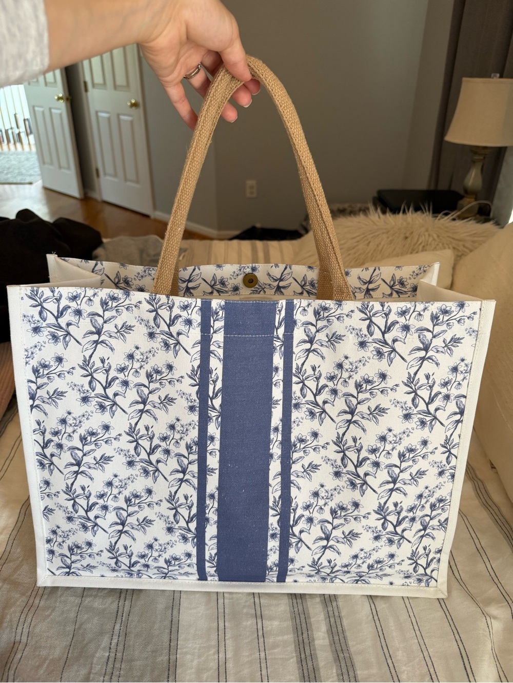 Blue Floral Canvas Tote with Tan Handles